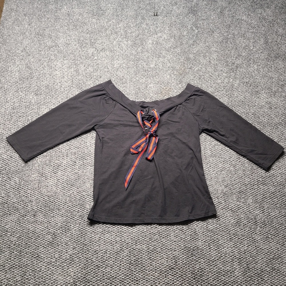 MiaoMiao Women Black Off Shoulder Lace Up Ribbon Top 3/4 Sleeve Size L